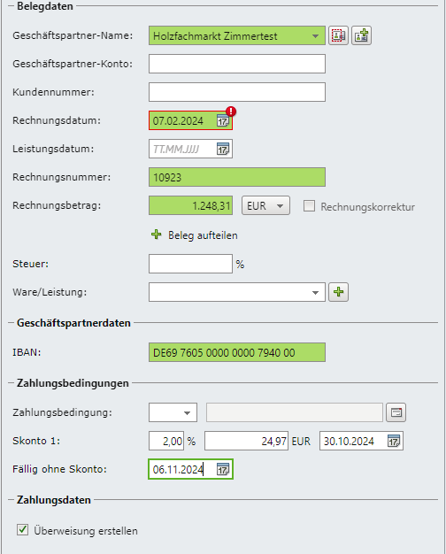 Vorbelegung Rechnungsdaten nach OCR